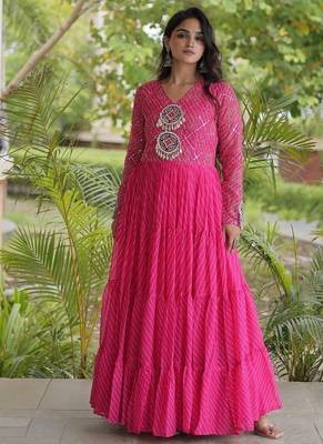 Designer laheriya print faux georgette gown with kutchi patchwork | free size 38-44 1