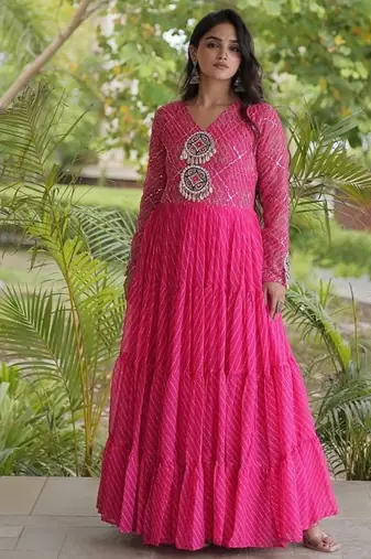 Designer laheriya print faux georgette gown with kutchi patchwork | free size 38-44