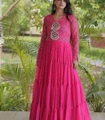 Designer laheriya print faux georgette gown with kutchi patchwork | free size 38-44