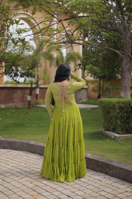 Designer laheriya print faux georgette gown with kutchi patchwork | free size 38-44 2