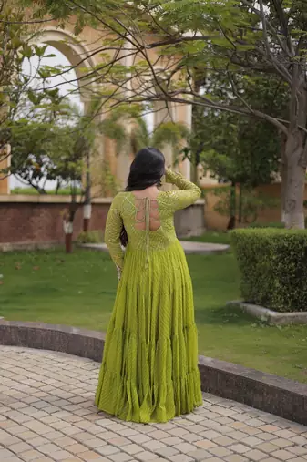 Designer laheriya print faux georgette gown with kutchi patchwork | free size 38-44