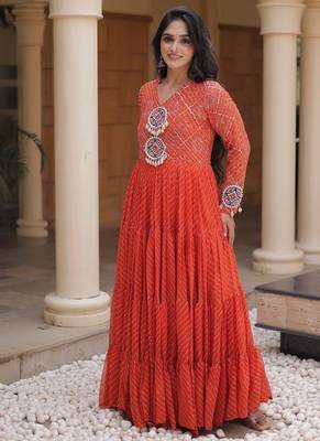 Designer laheriya print faux georgette gown with kutchi patchwork | free size 38-44 3
