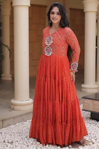 Designer laheriya print faux georgette gown with kutchi patchwork | free size 38-44