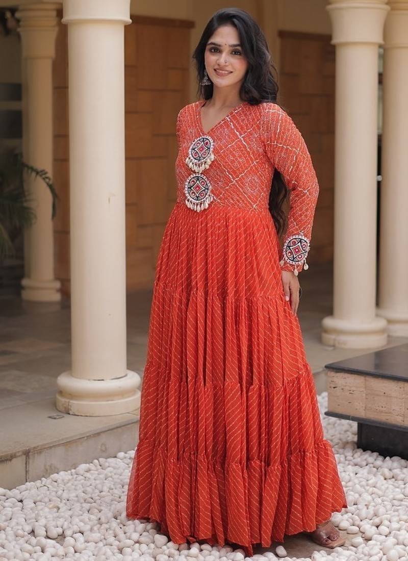 Designer laheriya print faux georgette gown with kutchi patchwork | free size 38-44