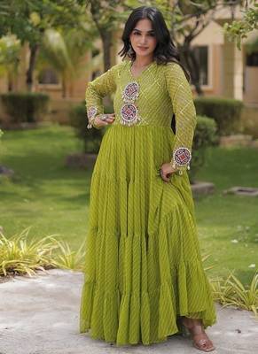 Designer laheriya print faux georgette gown with kutchi patchwork | free size 38-44 3