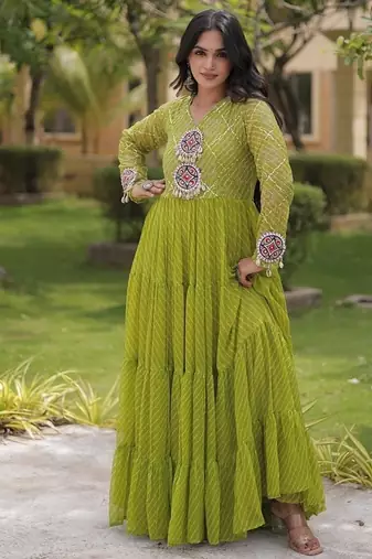 Designer laheriya print faux georgette gown with kutchi patchwork | free size 38-44