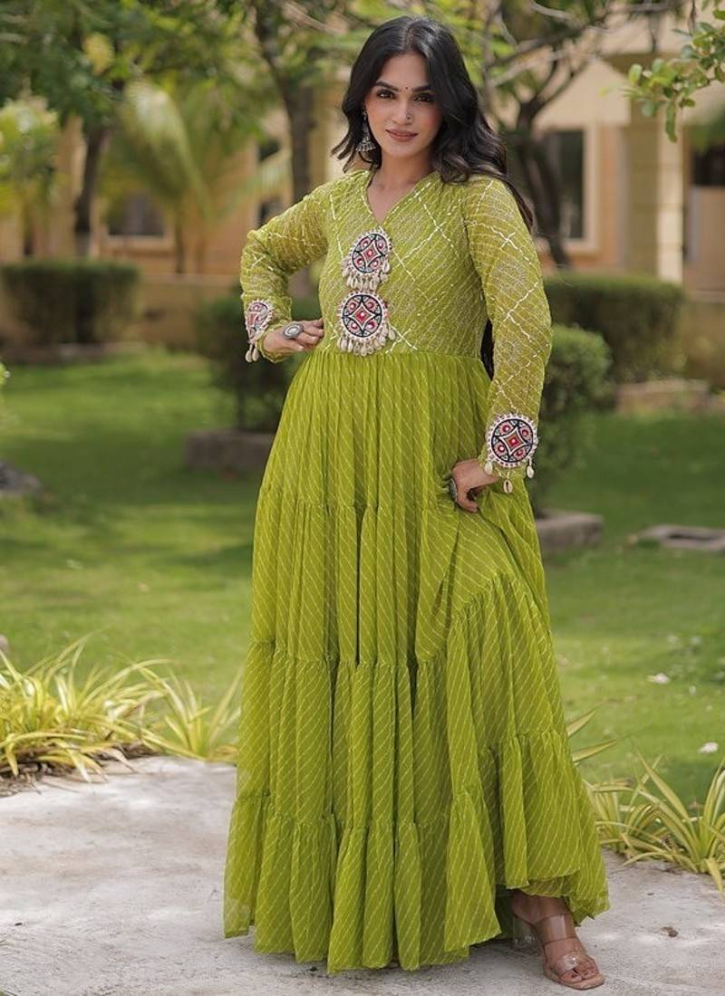 Designer laheriya print faux georgette gown with kutchi patchwork | free size 38-44