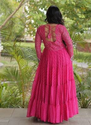 Designer laheriya print faux georgette gown with kutchi patchwork | free size 38-44 2