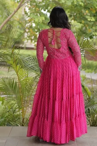 Designer laheriya print faux georgette gown with kutchi patchwork | free size 38-44