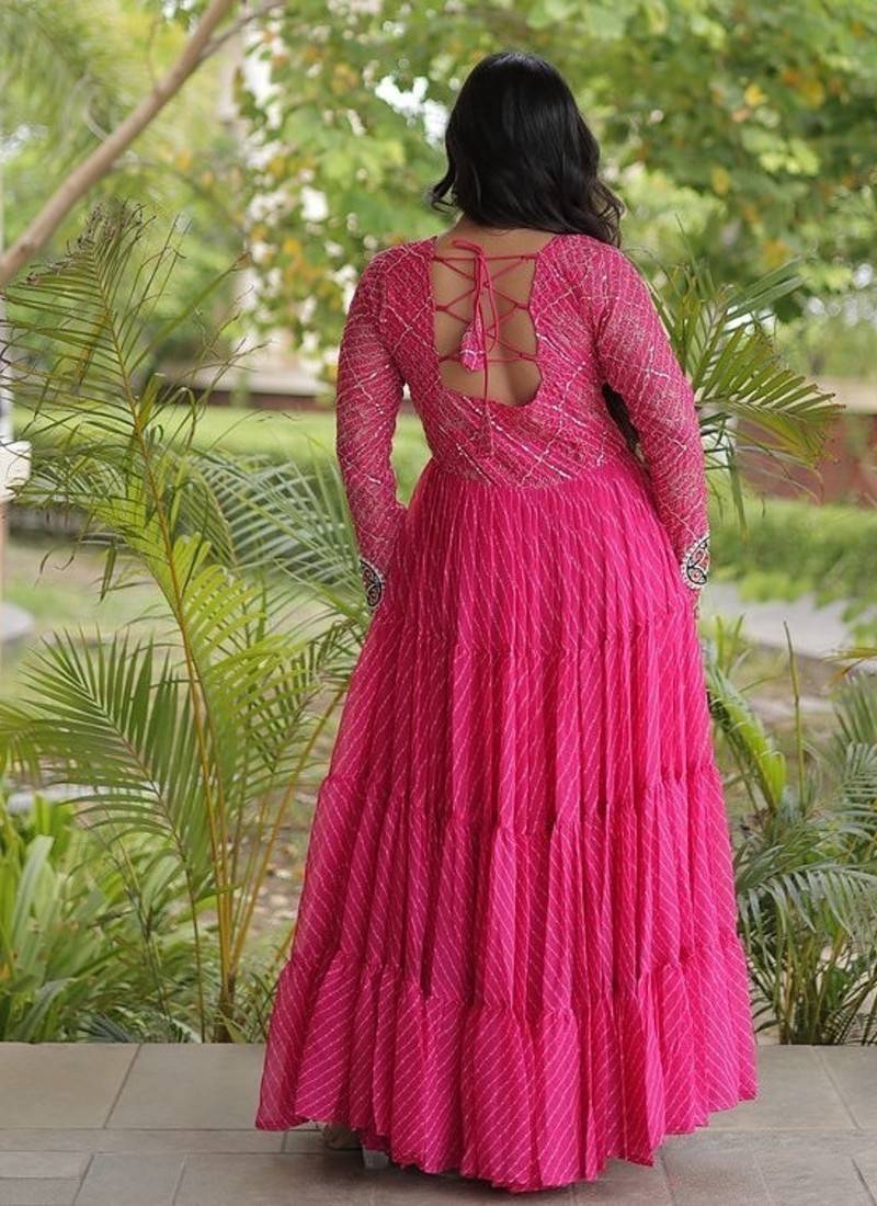 Designer laheriya print faux georgette gown with kutchi patchwork | free size 38-44