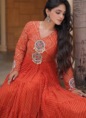 Designer laheriya print faux georgette gown with kutchi patchwork | free size 38-44 4