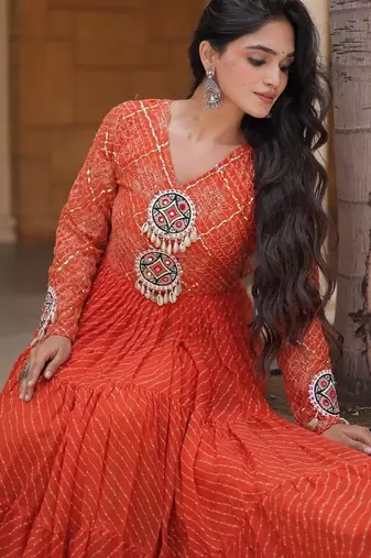 Designer laheriya print faux georgette gown with kutchi patchwork | free size 38-44