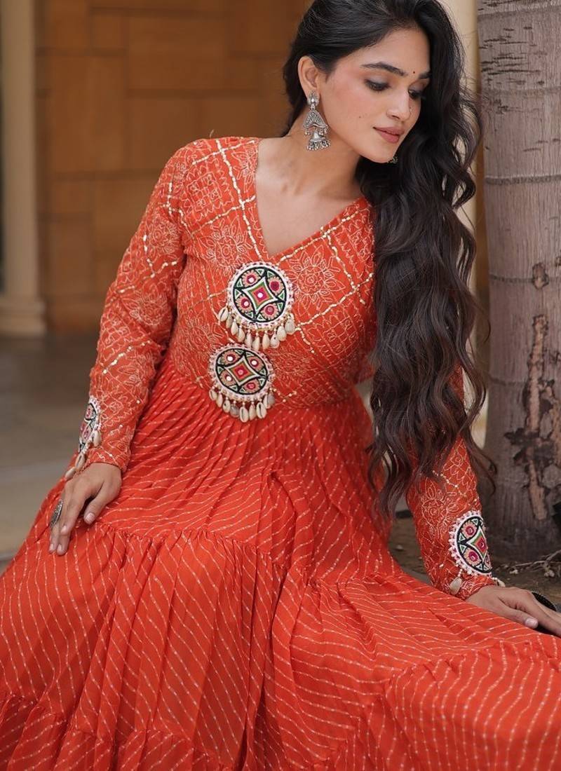 Designer laheriya print faux georgette gown with kutchi patchwork | free size 38-44