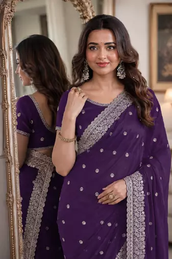 Purple soft georgette embroidery work festive saree with unstitched blouse piece