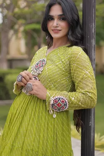 Designer laheriya print faux georgette gown with kutchi patchwork | free size 38-44