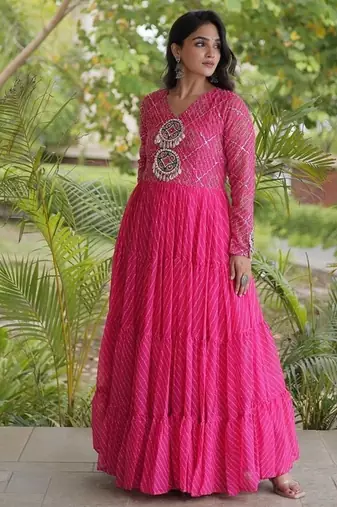 Designer laheriya print faux georgette gown with kutchi patchwork | free size 38-44