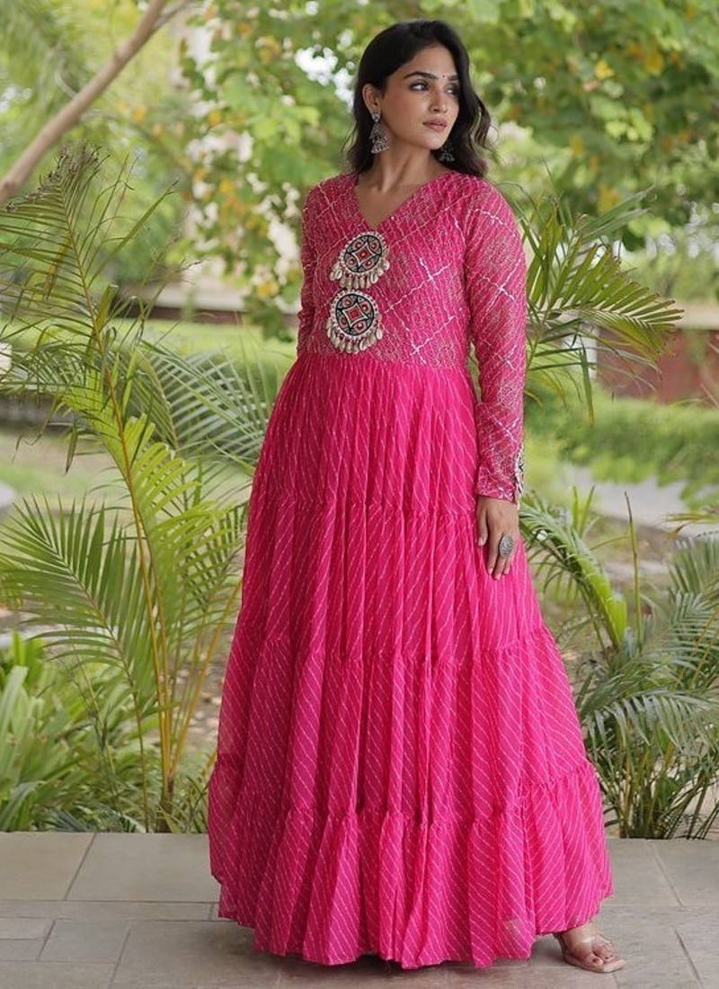 Designer laheriya print faux georgette gown with kutchi patchwork | free size 38-44