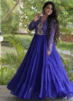 Designer laheriya print faux georgette gown with kutchi patchwork | free size 38-44 3