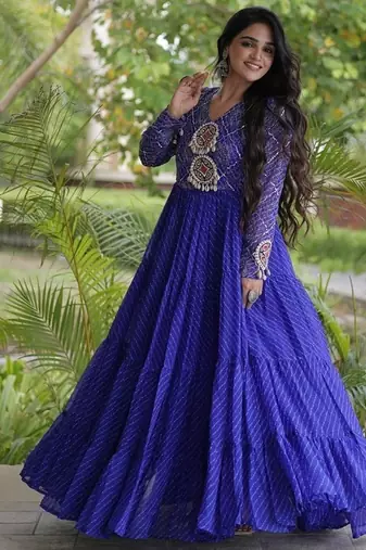 Designer laheriya print faux georgette gown with kutchi patchwork | free size 38-44