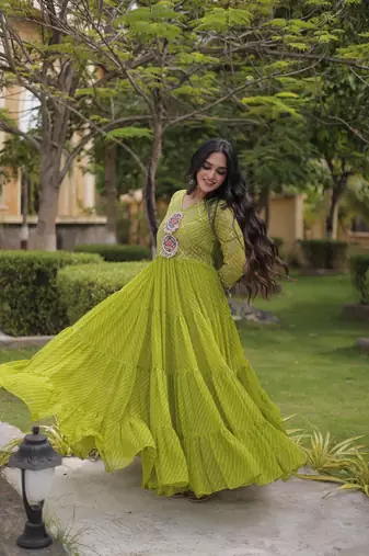 Designer laheriya print faux georgette gown with kutchi patchwork | free size 38-44