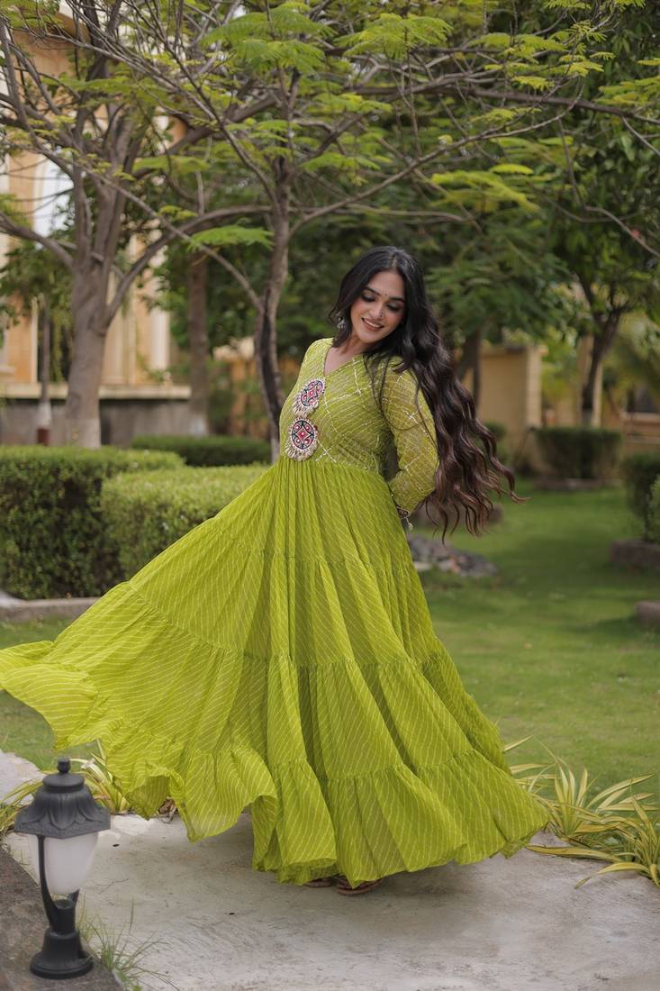 Designer laheriya print faux georgette gown with kutchi patchwork | free size 38-44