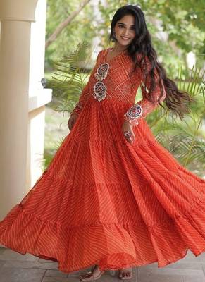 Designer laheriya print faux georgette gown with kutchi patchwork | free size 38-44 5