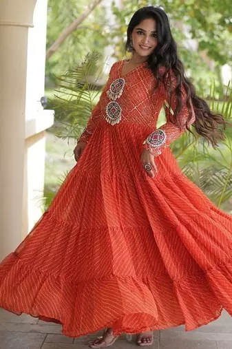 Designer laheriya print faux georgette gown with kutchi patchwork | free size 38-44