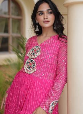 Designer laheriya print faux georgette gown with kutchi patchwork | free size 38-44 4