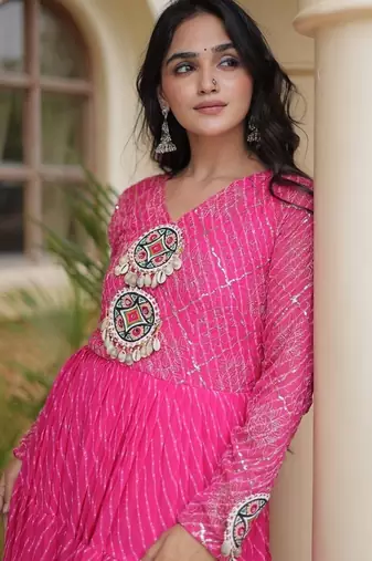 Designer laheriya print faux georgette gown with kutchi patchwork | free size 38-44
