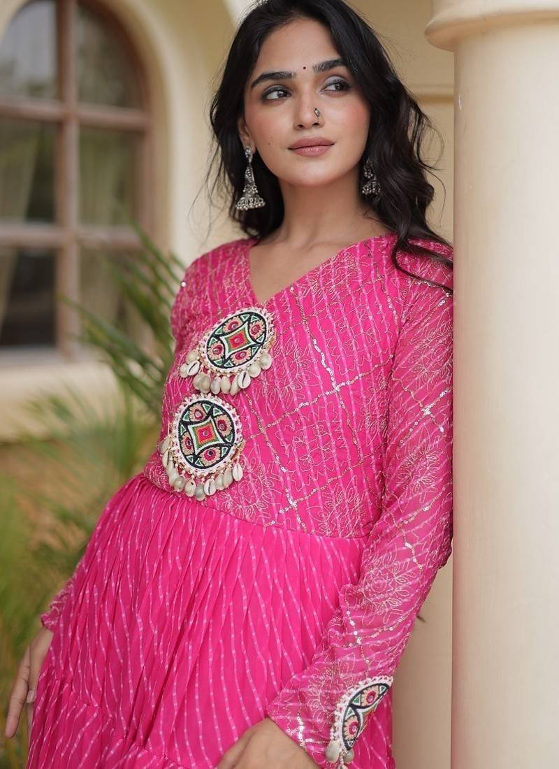 Designer laheriya print faux georgette gown with kutchi patchwork | free size 38-44