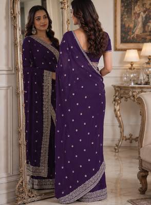 Purple soft georgette embroidery work festive saree with unstitched blouse piece 3