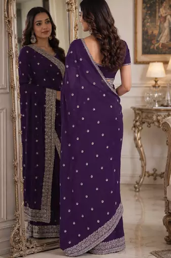 Purple soft georgette embroidery work festive saree with unstitched blouse piece