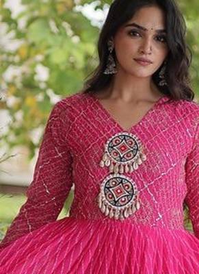 Designer laheriya print faux georgette gown with kutchi patchwork | free size 38-44 5