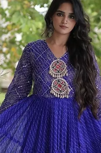 Designer laheriya print faux georgette gown with kutchi patchwork | free size 38-44