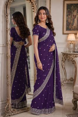 Purple soft georgette embroidery work festive saree with unstitched blouse piece 4