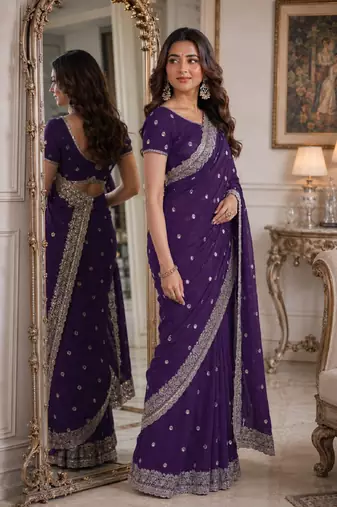 Purple soft georgette embroidery work festive saree with unstitched blouse piece