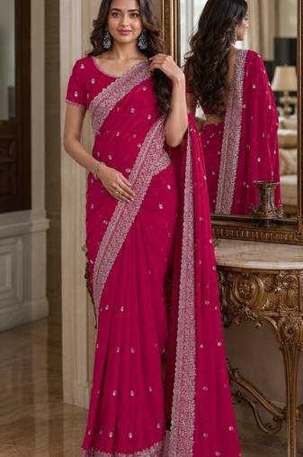 Pink soft georgette embroidery work festive saree with unstitched blouse piece