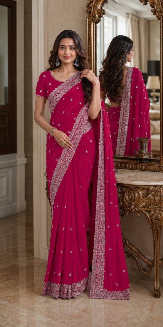 Pink soft georgette embroidery work festive saree with unstitched blouse piece