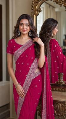 Pink soft georgette embroidery work festive saree with unstitched blouse piece 2