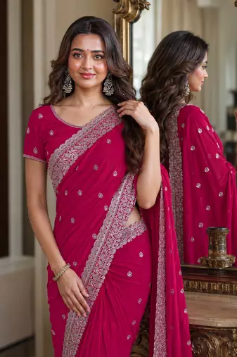 Pink soft georgette embroidery work festive saree with unstitched blouse piece