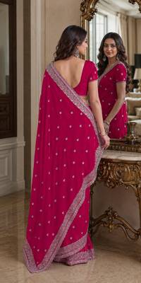 Pink soft georgette embroidery work festive saree with unstitched blouse piece 3