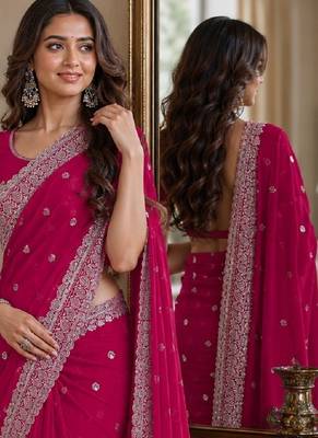 Pink soft georgette embroidery work festive saree with unstitched blouse piece 4