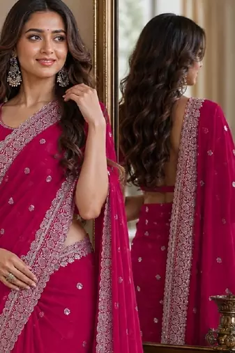 Pink soft georgette embroidery work festive saree with unstitched blouse piece