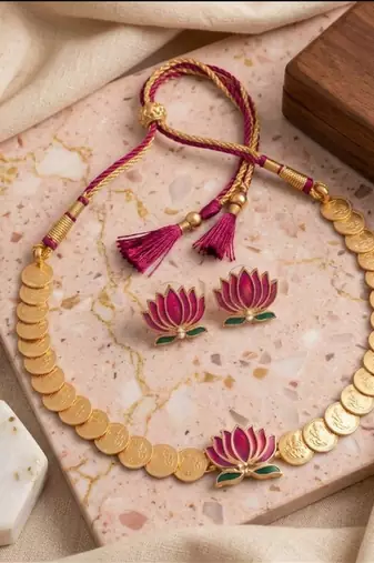 gold plated south indian temple coin necklace set with lotus meenakari pendant & earrings