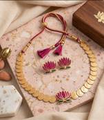 gold plated south indian temple coin necklace set with lotus meenakari pendant & earrings