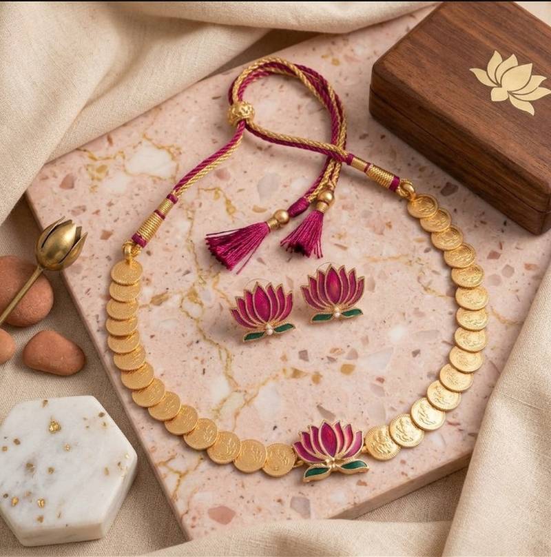 gold plated south indian temple coin necklace set with lotus meenakari pendant & earrings