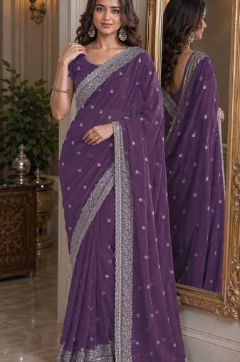 Lavender soft georgette embroidery work festive saree with unstitched blouse piece