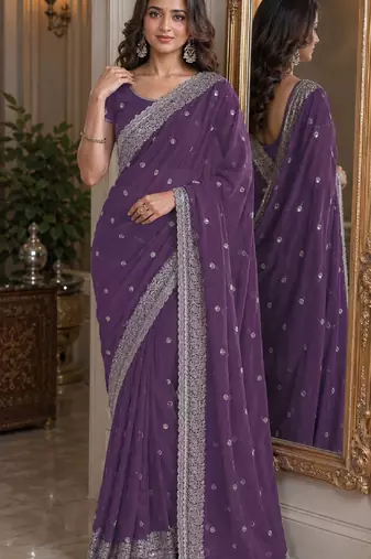 Lavender soft georgette embroidery work festive saree with unstitched blouse piece