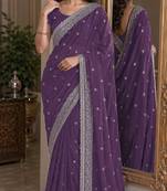 Lavender soft georgette embroidery work festive saree with unstitched blouse piece