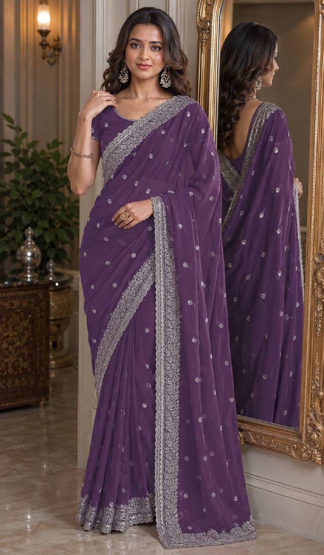 Lavender soft georgette embroidery work festive saree with unstitched blouse piece